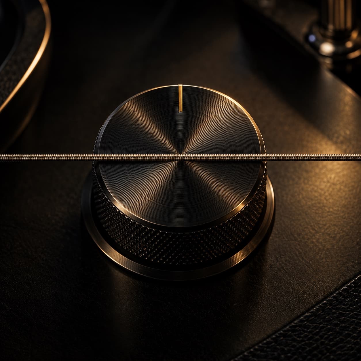 Precision tuning dial crossing a guitar string in warm gold light