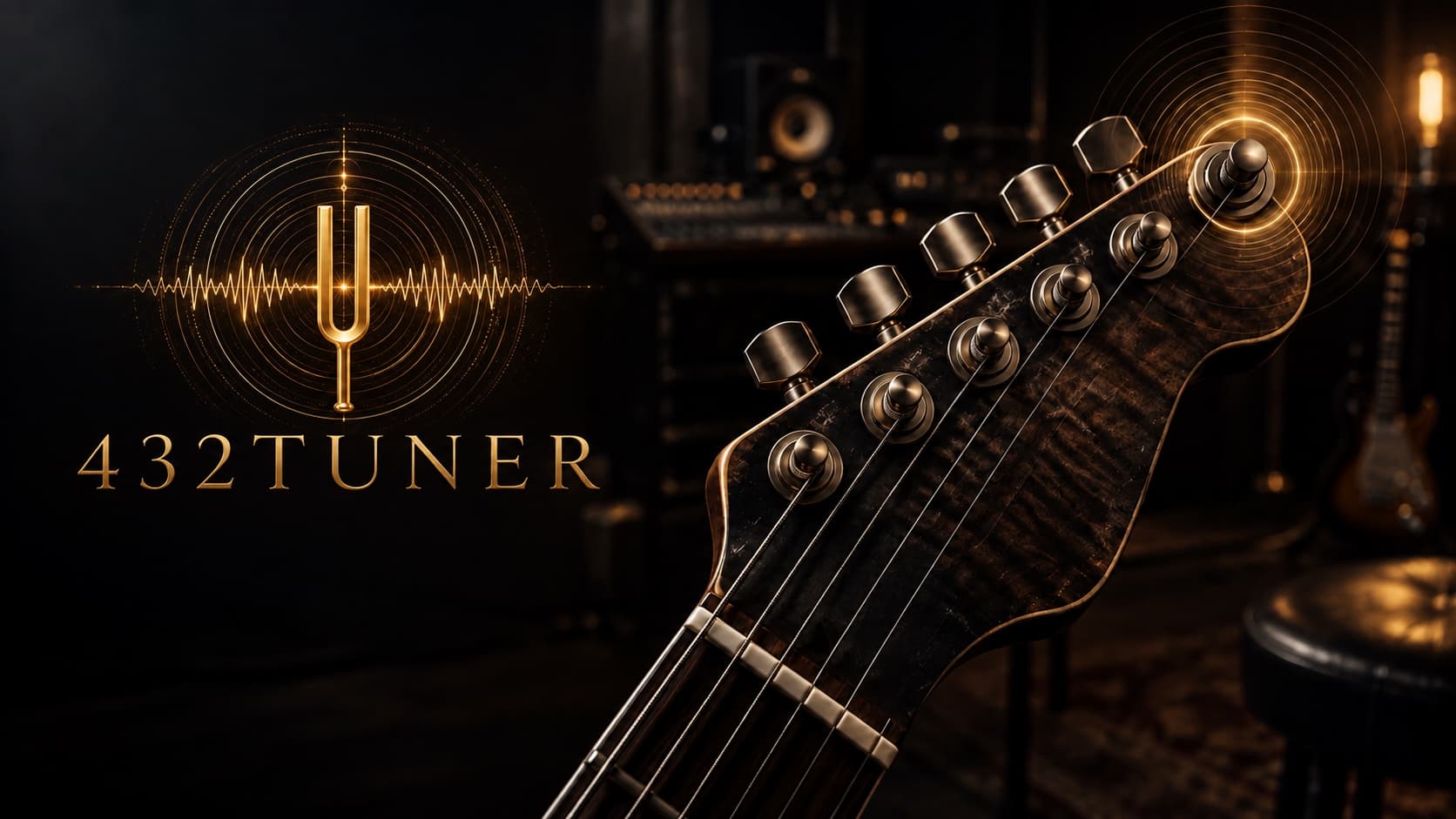 432Tuner gold tuning-fork mark beside a studio guitar headstock